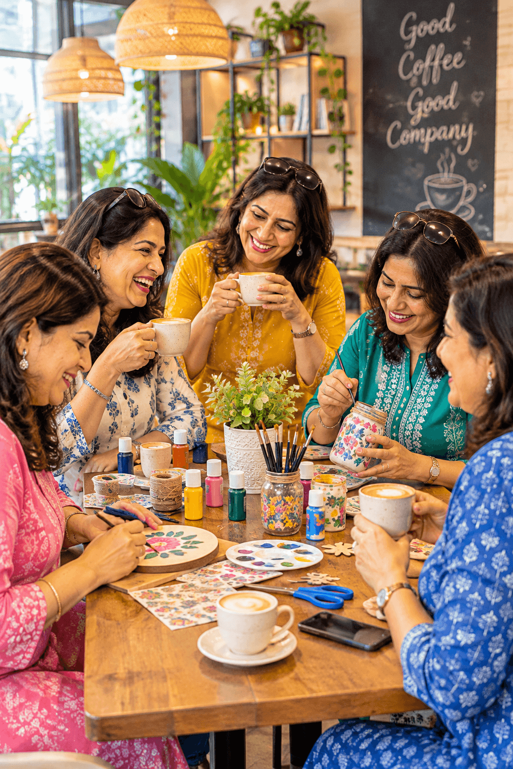 Women enjoying coffee and making crafts together